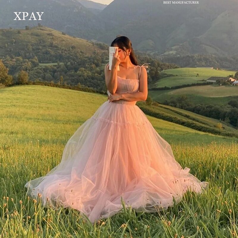 XPAY Blush Pink Tulle A Line Long Prom Dresses Korea Lady Straps Tiered Princess Evening Gowns Bride Garden Formal Party Dress