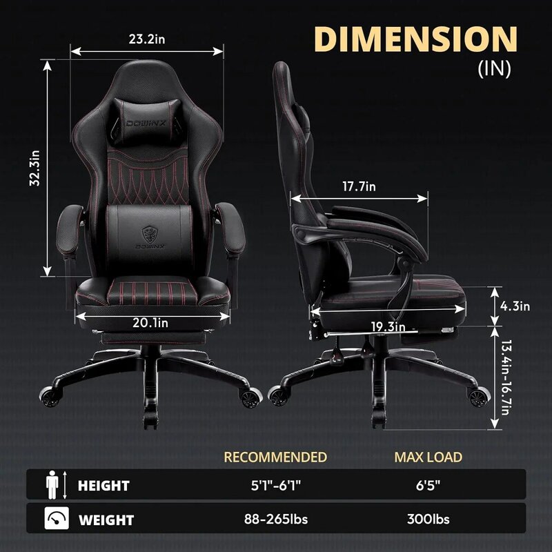 Dowinx fotel gamingowy oddychająca skóra PU krzesło dla gracza z kieszonkową poduszką sprężynową, ergonomiczny krzesło do pracy na komputerze z masażem lędźwiowym