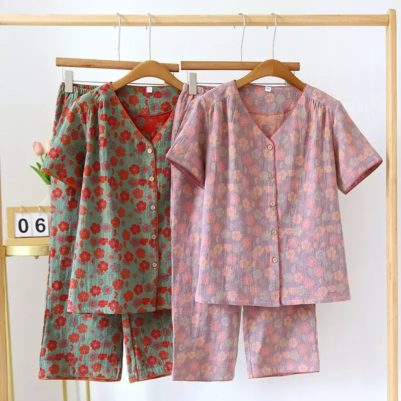 Vintage Gewassen Gebreid Katoen 2 Stuks Print Pyjama Pak Vrouwen 2023 Lente Herfst Nachtkleding Korte Mouw + Capri 2 Delige Set Nachtkleding