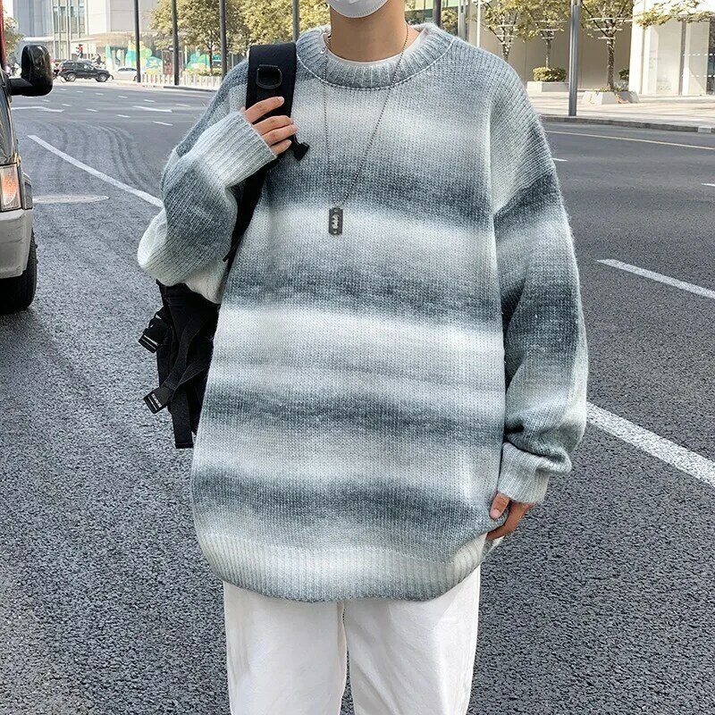 Sweater Pria Musim Gugur Musim Dingin Palsu Dua Buah Mode Longgar Leher-o Pakaian Rajut Kasual Harian Tampan Hangat Bergaris Chandails Pullover