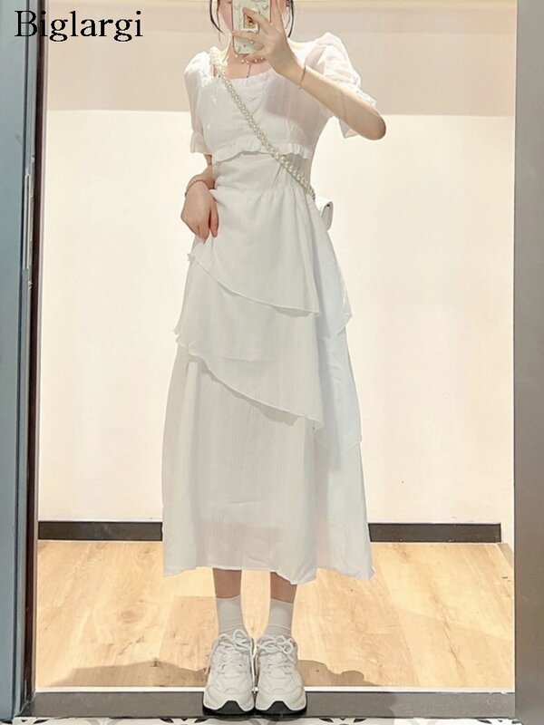 Sommer Midi Kleid Frauen unregelmäßige Rüschen Plissee Mode süße quadratische Kragen Damen Kleider koreanischen Stil hohe Taille Frau Kleid