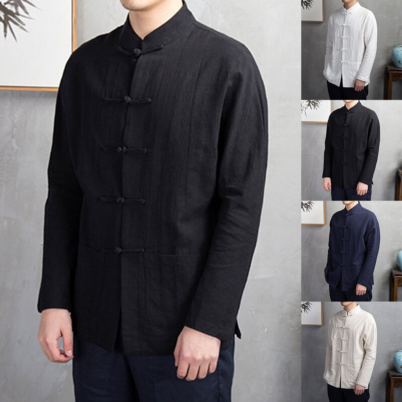 Men Fashion Chinese Style Shirts Traditional Kung Fu Tai Chi Cotton Linen Tang Suit Uniform Shirt Male Blouses Clothing