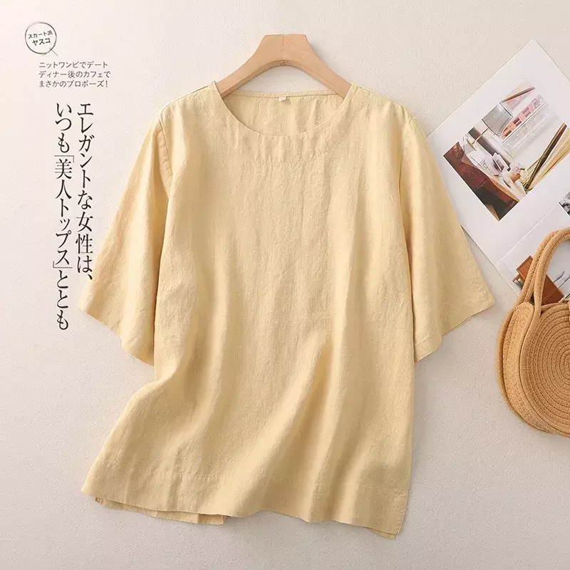 Cotton Linen Chinese Style Women's Shirt Summer Solid Vintage Blouses Loose Short Sleeve Women Tops O-neck Clothing YCMYUNYAN