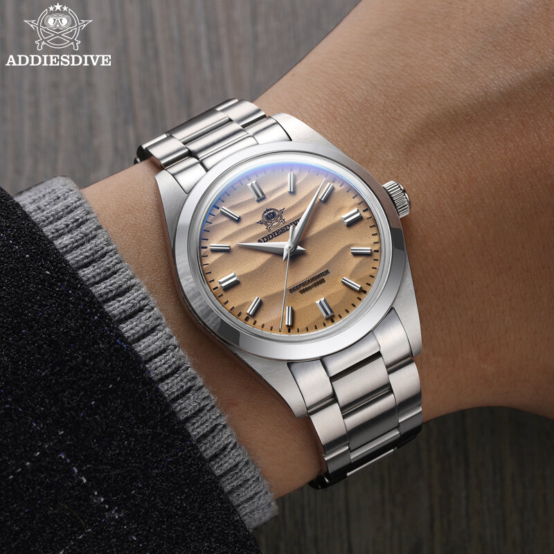 Zegarek męski ADDIESDIVE z tarczą piaskową 36mm zegarek kwarcowy 100m wodoodporny ze stali nierdzewnej 316L z powłoką szklane wypukłe koraliki zegarek męski