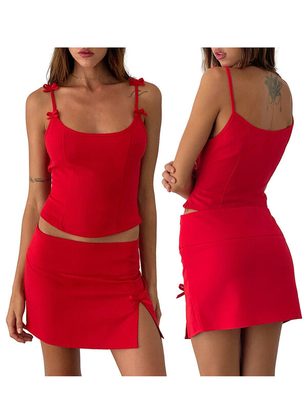 Conjunto de minifalda de verano para mujer, Tops con cuello redondo y lazo, minifalda con abertura, ropa de calle para fiesta y Club