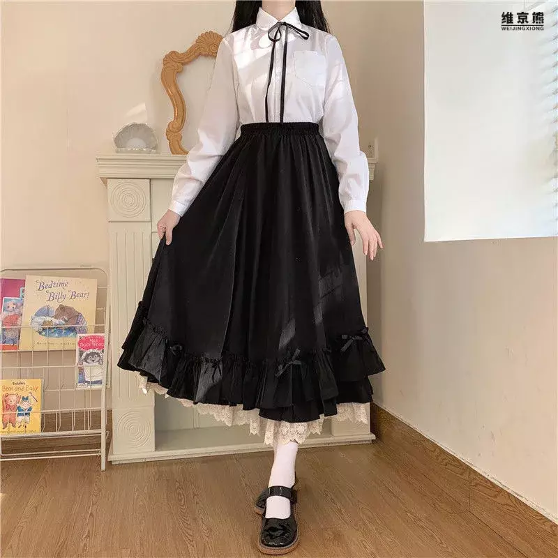 Falda de línea a con volantes para mujer, Falda larga de doble capa, estilo Hepburn, Color sólido japonés, negro, blanco, Vintage, FRANCÉS