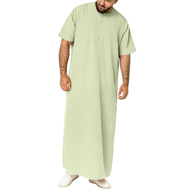 Jubba Thobe de cor sólida masculino, vintage, manga curta, zíper, muçulmano, árabe, roupas islâmicas, Ramadan, Jubba, estilo saudita