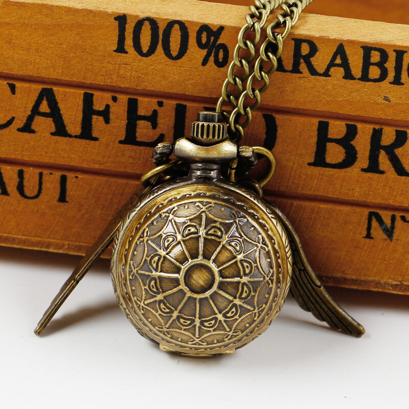 Bronze Ball Winged Chain Necklace Pocket Watches Small Casual Fashion Quartz Clock Best Gifts For Children Men Women