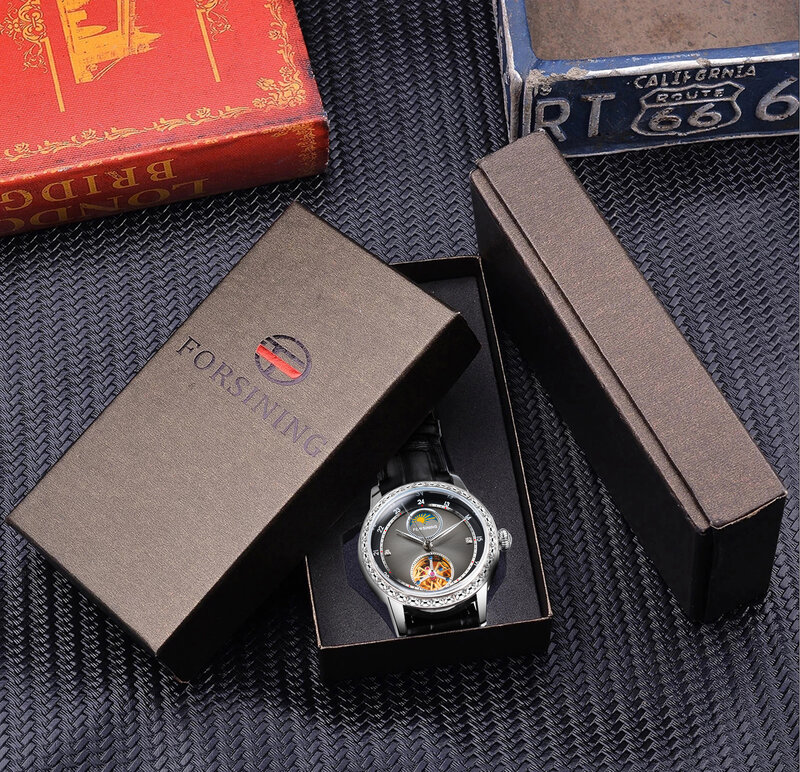 Forsining-reloj con bisel de diamante para hombre, accesorio masculino de pulsera resistente al agua con esfera negra láser de lujo, reloj mecánico automático elegante de cuero genuino