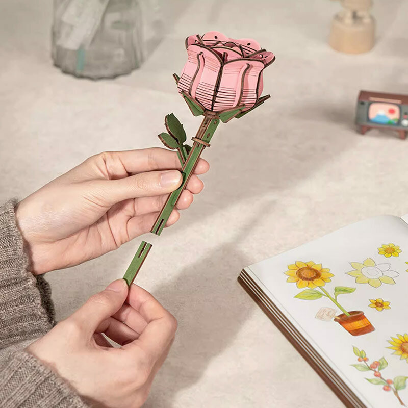 Buquê de flor de madeira DIY para namoradas, belos presentes de mão, materiais eco-friend, 3D Wooden Puzzle, Decor