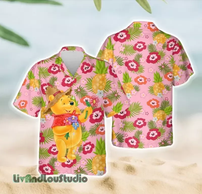 Potdemiel Co baju Winnie Bear Hawaii 3D, baju pesta mode kartun, baju lengan pendek pria dan wanita