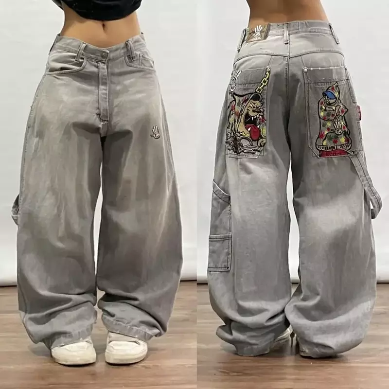 Calça jeans folgada de cintura alta feminina, calça coreana de rua bordada com estampa vintage, moda gótica americana, hip-hop, Y2K