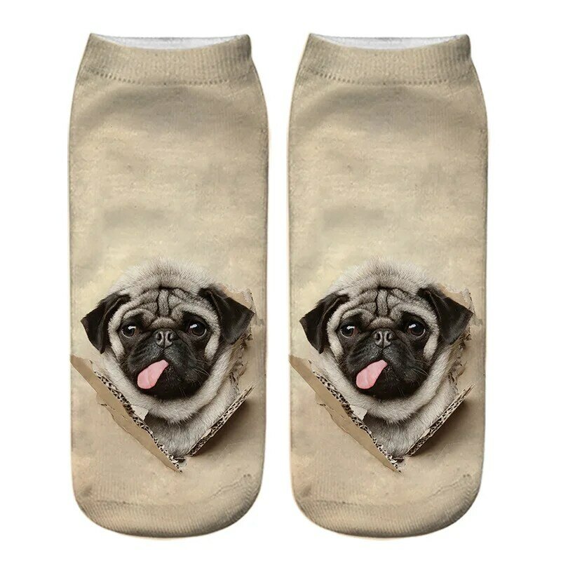 Calcetines cortos de algodón con estampado de perro Pug 3D Kawaii para mujer, medias suaves de estilo Harajuku, Hip Hop, japonés
