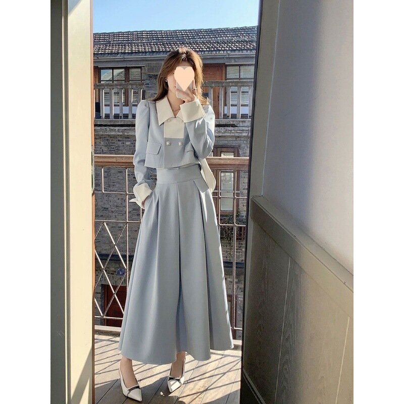 Dress wanita, atasan Crop lengan panjang + rok Midi kasual, pakaian kantor pesta Vintage ramping musim gugur 2024
