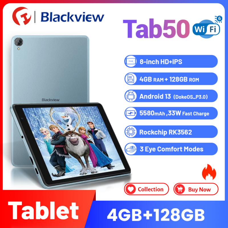Blackview-Tableta con Wifi, 4GB + 128GB, 5580mAh,Rockchip RK3562, Quad Core, 8 pulgadas, Android 13, compatible con tarjeta TF de hasta 1TB
