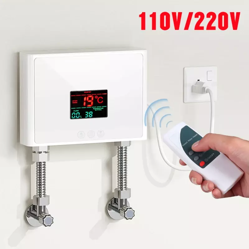 Pemanas air instan 3KW Mini, pemanas air elektrik tanpa tangki pasang dinding dengan tampilan LED kendali jarak jauh untuk dapur kamar mandi