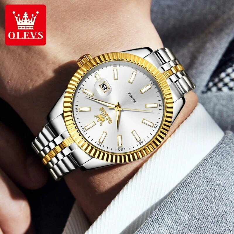 OLEVS-Relógio Quartz em Aço Inoxidável para Homens, Impermeável, Calendário Luminoso, Relógios de Luxo, Nova Moda