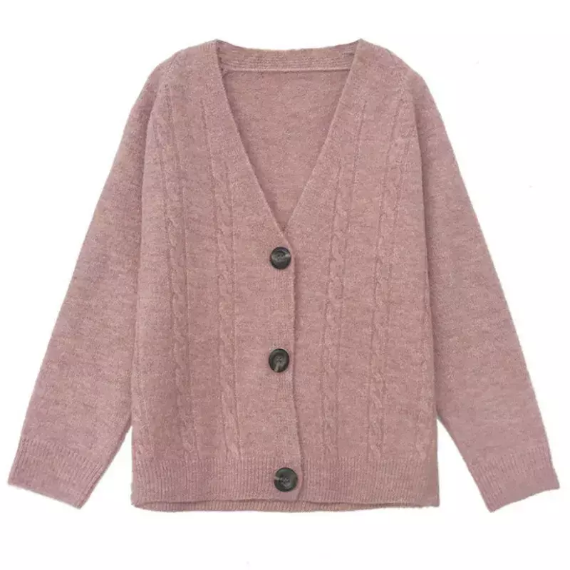 Zimowy damski krótki kardigan słodki luźny, typu Oversize kurtka z dzianiny płaszcz kobieta 2023 różowy beżowy leniwy styl w stylu Casual, cienka swetry płaszcz