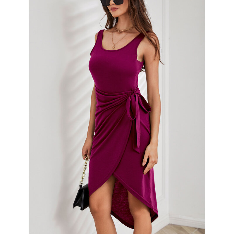 Damenmode unregelmäßige einfarbige Weste Schnür Midi-Kleid