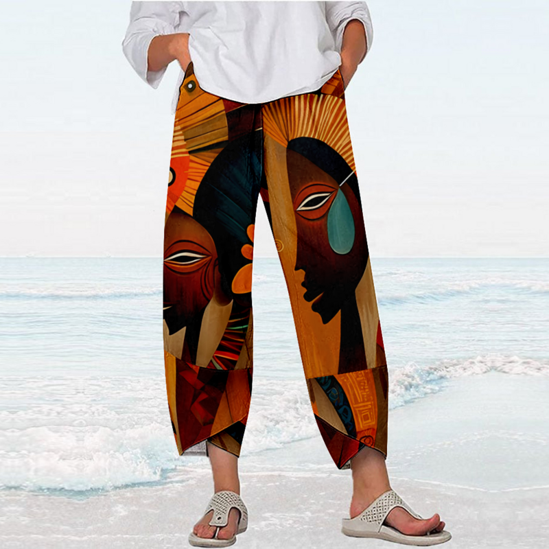 Calças retrô africanas com estampa facial feminina, calças de praia vintage, bolsos, capri solto, streetwear elegante, Y2K, verão