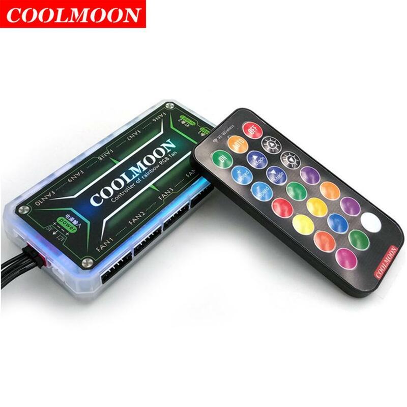 COOLMOON RGB 원격 컨트롤러, LED 컬러 지능형 팬 컨트롤러, 10 개 6 핀 팬 포트, 2 개 4 핀 라이트 바 포트, DC12V 5A