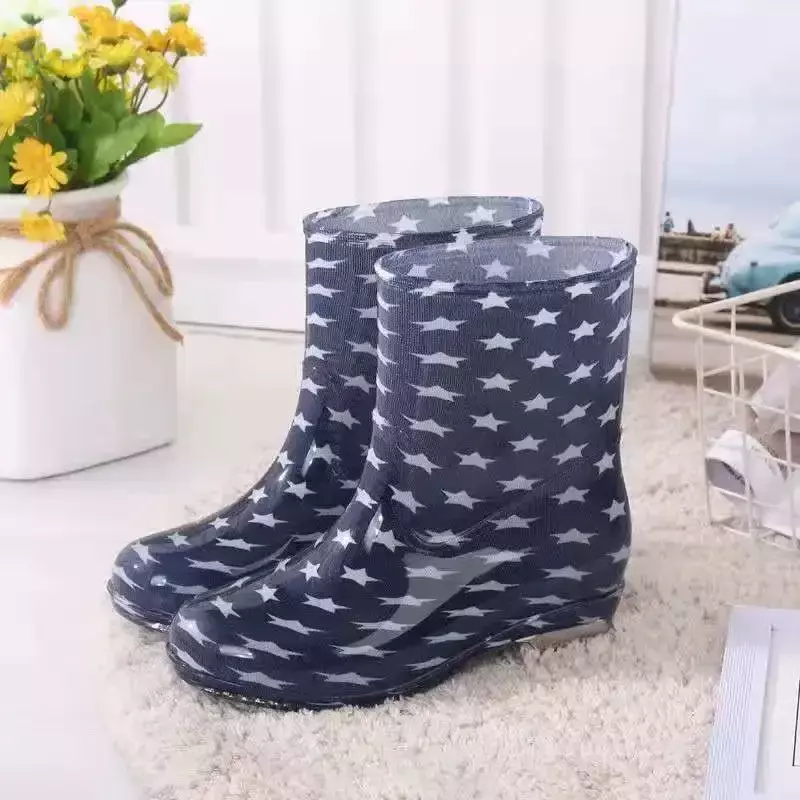 Print Rain Boots Women Waterproof Work Shoes for Girls Non Slip Anti Skip PVC Water Shoes Rainboots Mid-Calf Botas 2024