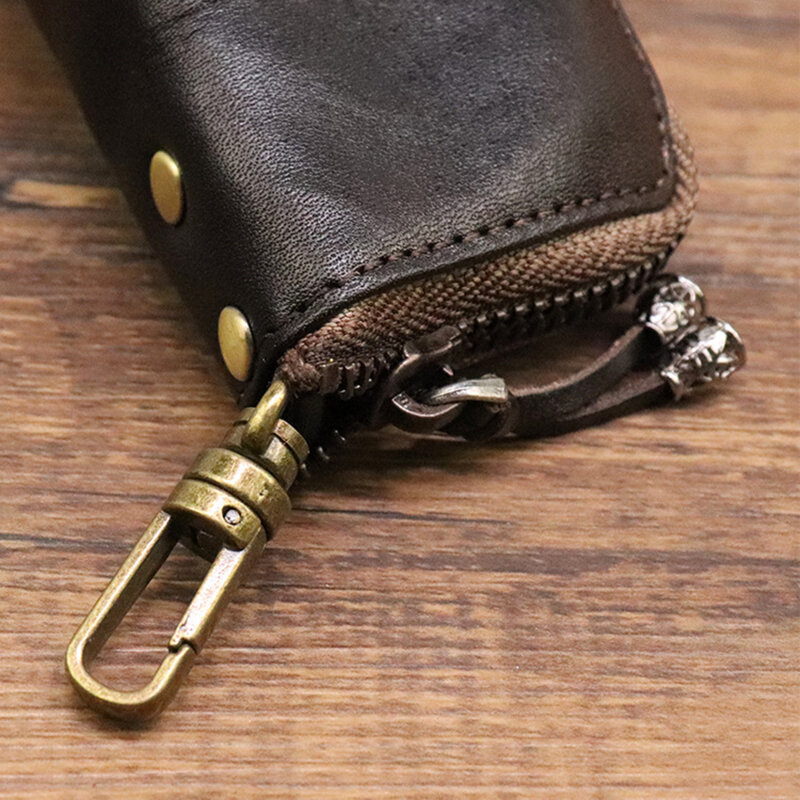 Tas kunci kulit asli untuk pria, Gantungan Kunci tempat Mode ritsleting rumah tas penyimpanan Pak kunci ganda tas mobil untuk pria