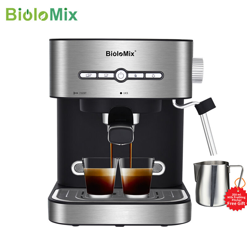 Biolomix-半自動エスプレッソマシン,20バー,1050w,ミルク泡立て器付きコーヒーメーカー,コーヒーマシン,カプチーノ,お湯