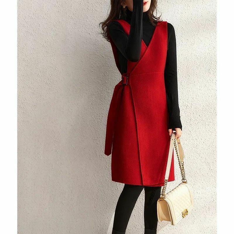 المرأة أكمام الصوف سترة فستان ، تصميم Vintage ، الشعور حزام فستان ، عالية الخصر ، ضئيلة ، الخريف ، الشتاء ، جديد