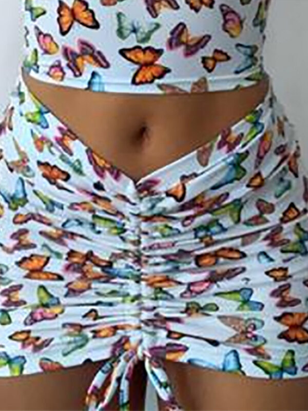 Hot Girls Aesthetics Colorful Butterfly Print Two-piece Strapless Vest Top+Drawstring Pleated Mini Skirts Casual Slim Streetwear