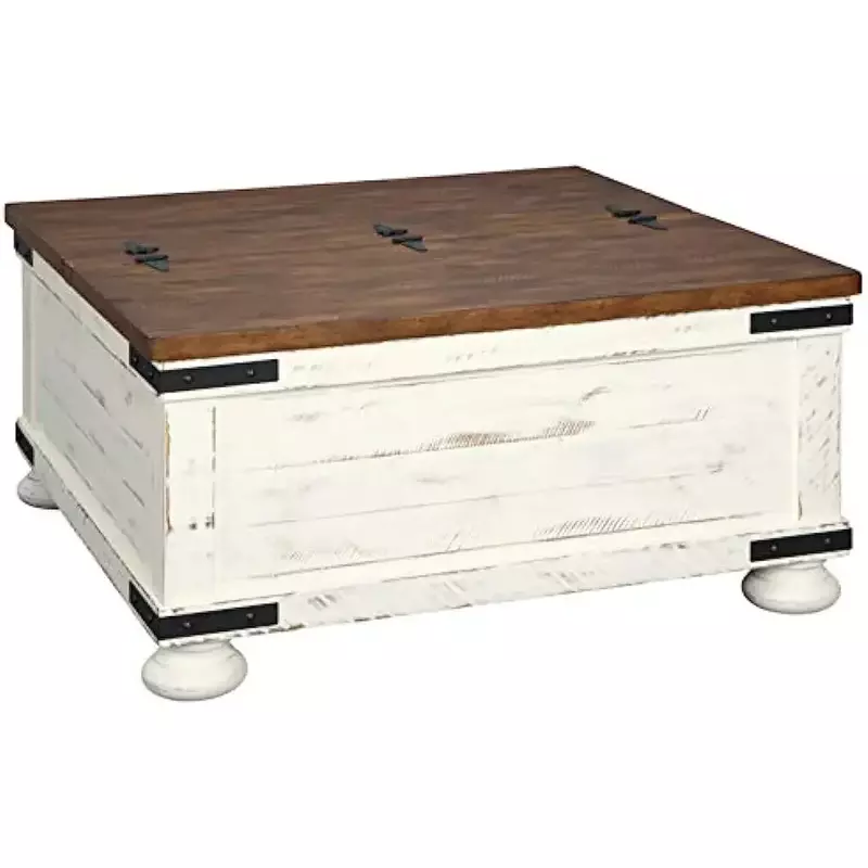 Wystfield Farmhouse Square Storage Coffee Table with Hinged Lift Top, Distressed White