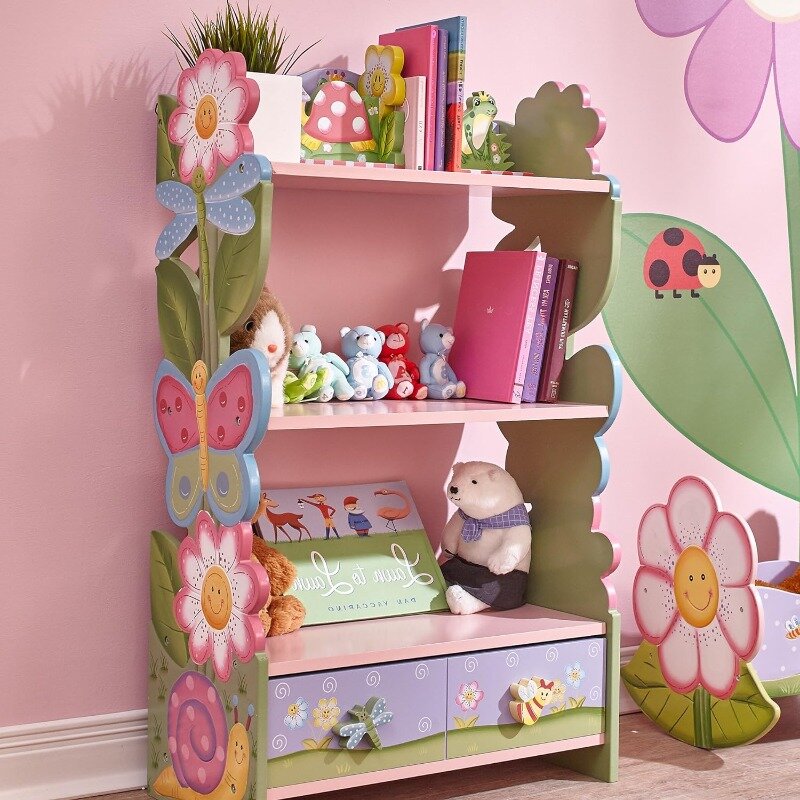 Estantería y cajones de almacenamiento para niños, estantería de madera de varios niveles, jardín mágico, Multicolor