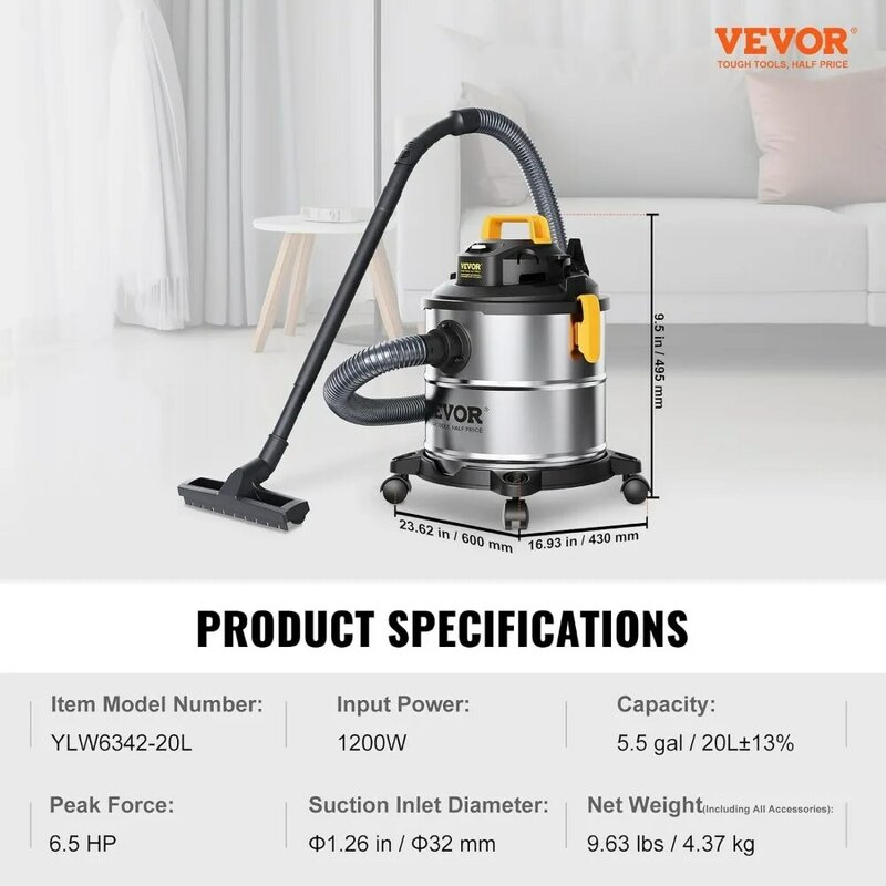 Wet and Dry Shop Vacuum com função de ventilador, aço inoxidável, sucção poderosa, anexos, 5,5 galões, 6 pico HP