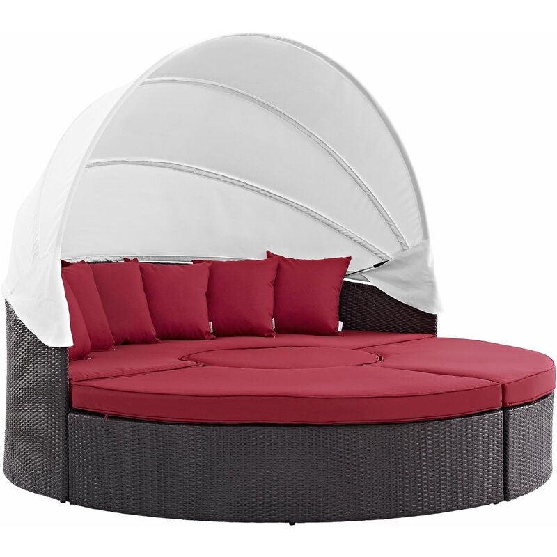 Set perabotan taman, rotan anyaman teras kanopi bisa ditarik bulat Sofa pinggir kolam tempat tidur siang di Espresso merah, Set furnitur taman