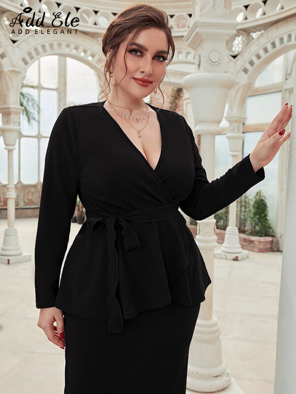 Gaun Pensil Ukuran Plus Elegan Tambahan Wanita 2022 Pakaian Lengan Panjang Leher-v Desain Lembut Kasual Dua Potong Palsu Musim Gugur B998
