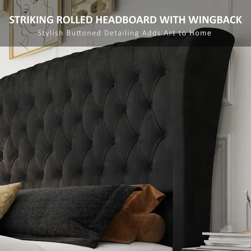 King Bed Frame, Velvet Upholstered, Headboard with Rolling Wing Back, No Springs Required, Easy To Assemble, King Bed Frame