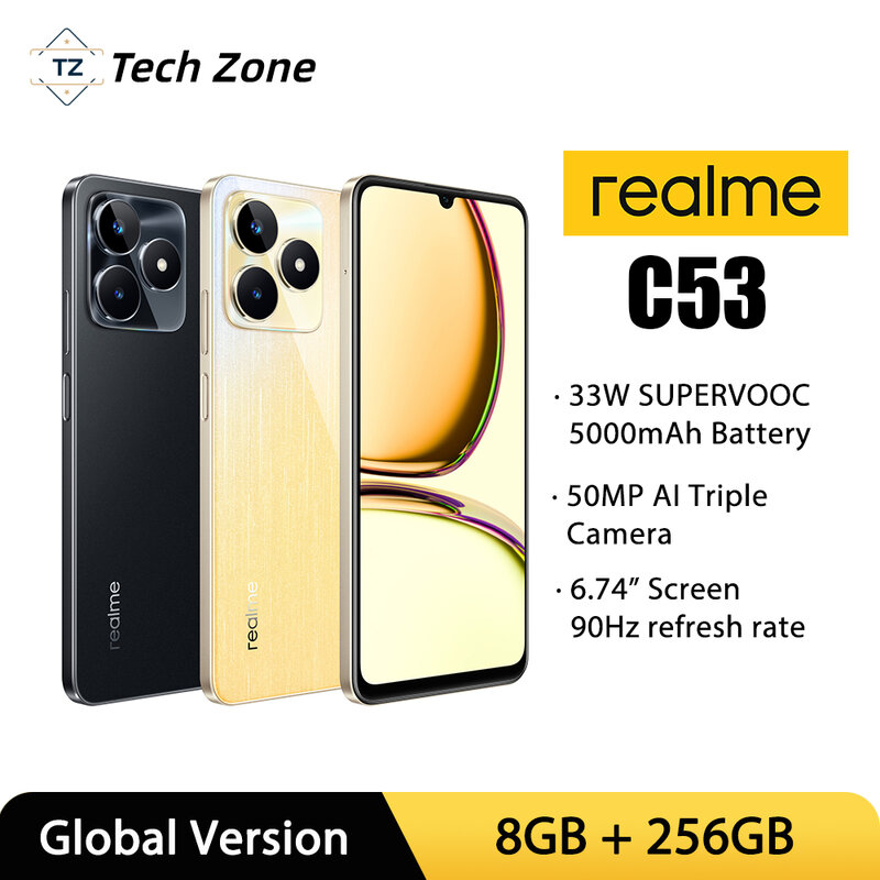 Realme-C53 Smartphone com Câmera AI, Carga SuperVOOC, Bateria 5000mAh, 50MP, 6,74 ", Tela 90Hz, 6GB de RAM, 128GB ROM, 33W