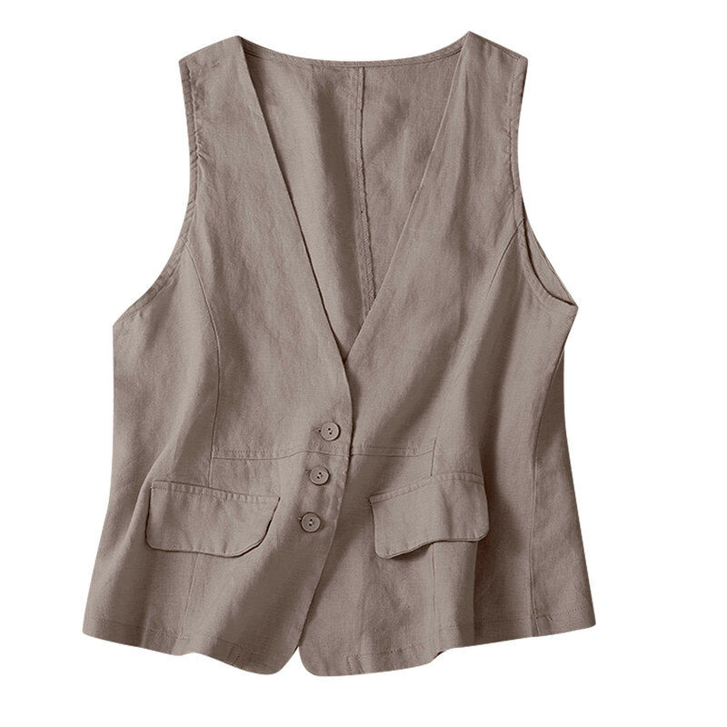 Vintage Vests Summer Deep V-Neck Button-Down Solid Color Casual Tank Jackes Cotton Linen Lightweight Matching Vests Coat