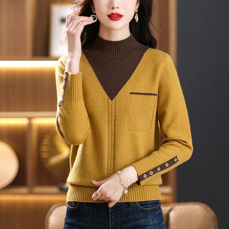 Sweter rajut setengah kerah tinggi, Sweater Pullover wanita Korea elegan, Sweater rajut ramping mode Vintage musim gugur musim dingin, Sweater Splice kancing, kerah setengah tinggi