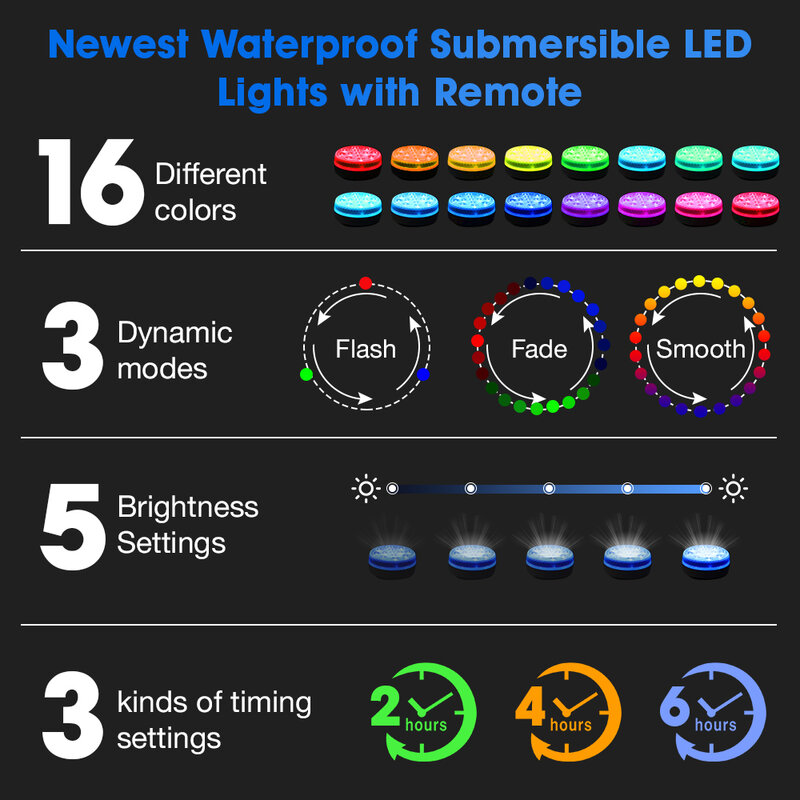 Ímã submersível luzes LED com controle remoto, luz subaquática da piscina, lâmpada brilhante, RGB, lagoa, piscina, aquário, atualizado, IP68, 13