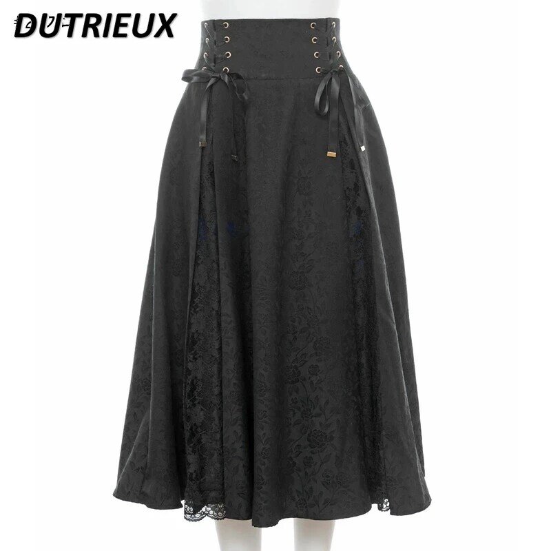 Japanese Style SC New Spring 2024 Lace Stitching Tied Skirt Sweet Cute Girls All-Matching Commuter High Waist Long Skirts