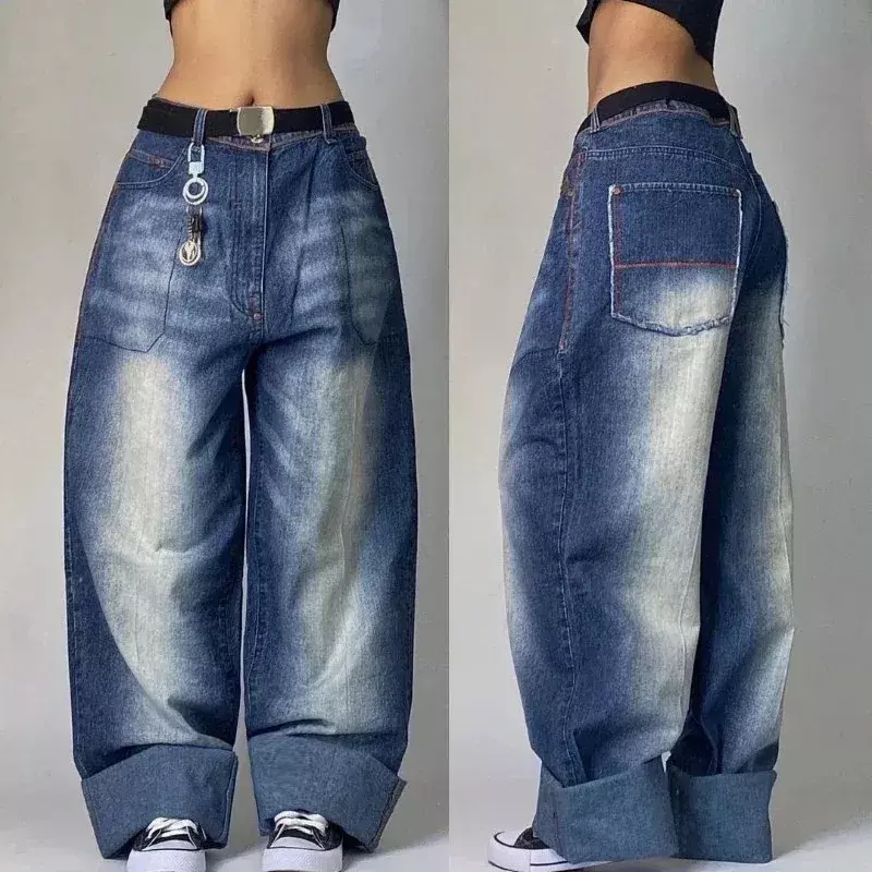 Celana Jeans longgar ukuran besar untuk wanita, celana Harajuku Gotik pinggang tinggi kasual lurus modis 2024