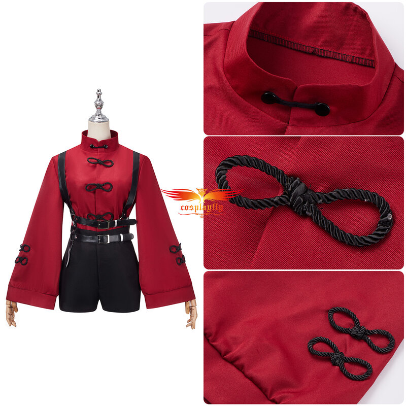 Костюм для косплея Ху Тао из аниме Genshin Impact для женщин, женский красный топ с рукавом-мандарином и шорты, брюки на бретелях для Хэллоуина