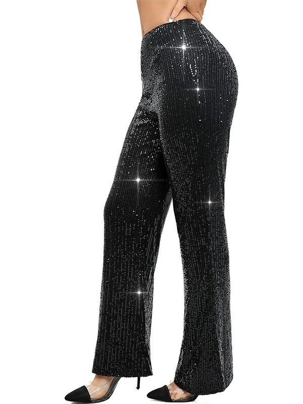 Women Sequin Flare Pants Sparkly High Waist Wide Leg Bell-bottom Trousers Slim Party Club Shiny Pants Clubwear