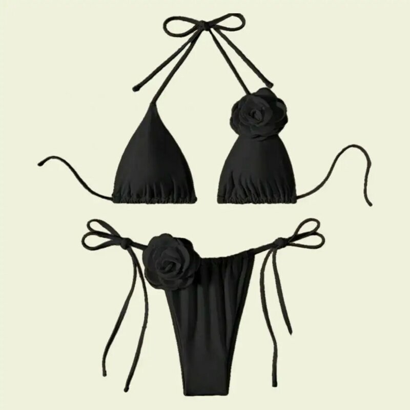 Lady Bathing Suit Off Shoulder Lace-up Halter Neck Bikini Set with Fake Flower Decor Color Matching Patchwork Women's Beachwear