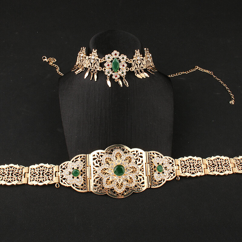 Kaftan pour femmes, couleur or, rouge, vert, pierre ethnique, bijoux de corps, chaîne en métal, Robe, ceinture, bijoux