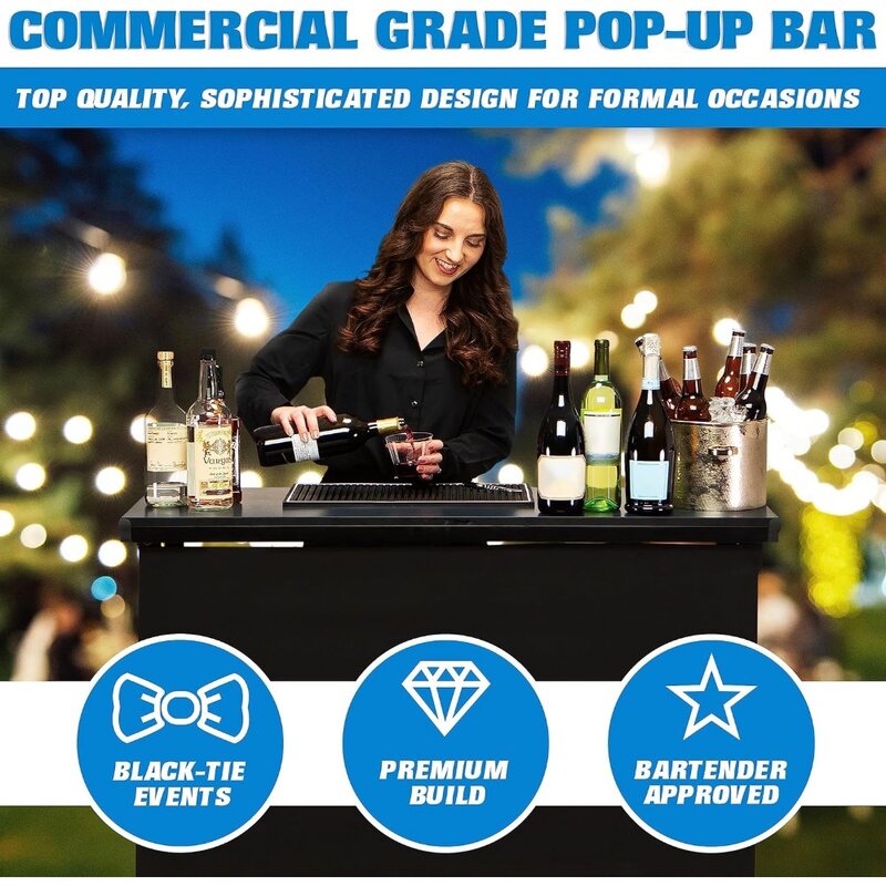 Armoire de bar portable de qualité commerciale, station de barman mobile pour événements, jupe noire et valise l'intensité, standard ou LED