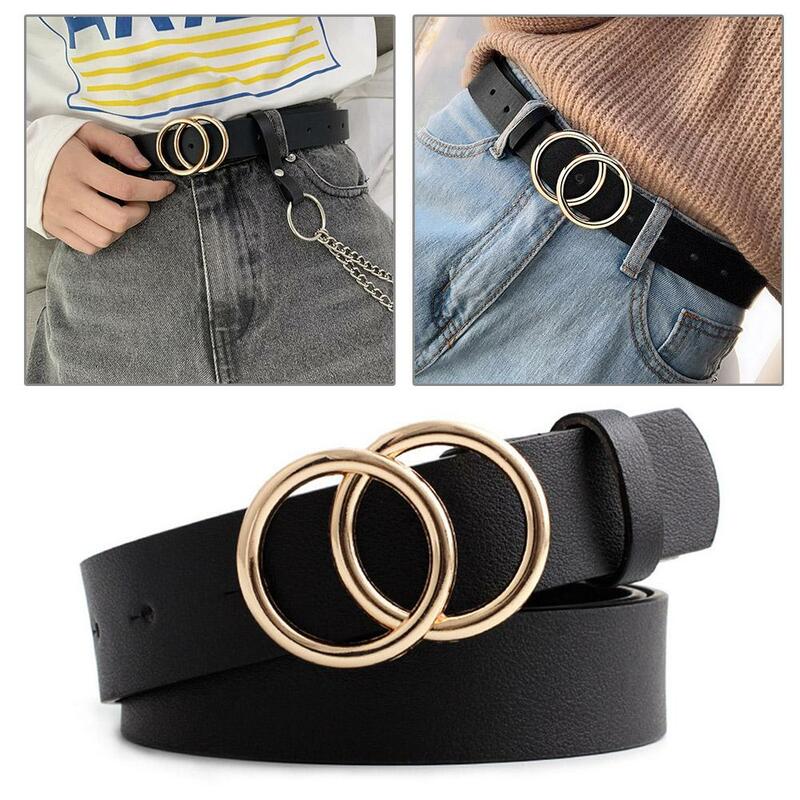 Double Round Belt For Women PU Metal Fashion Leather Vintage Luxury Waistband Solid Color Belt Leisure Dress Jeans Accessory
