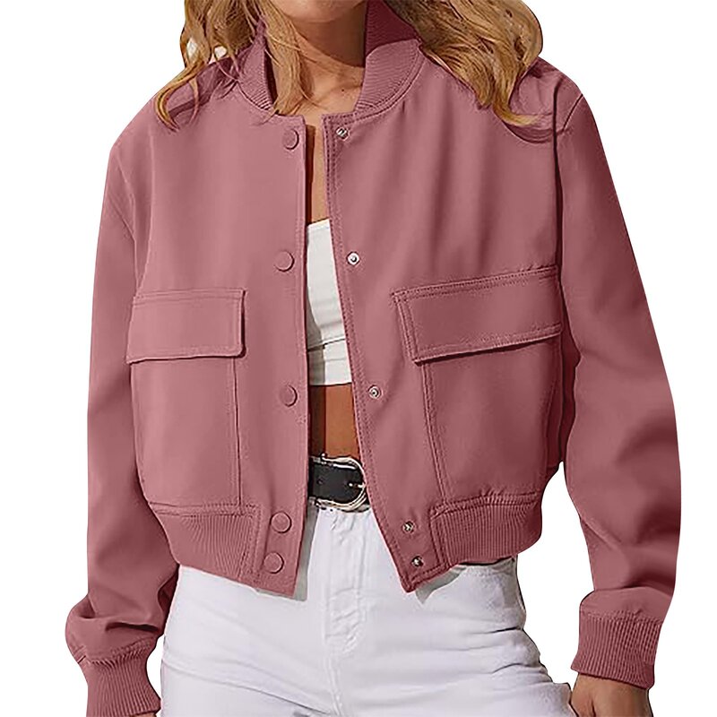 Jaqueta feminina de bolso duplo com gola Stand, casaco manga longa, tops Y2K cortados, blusa regata fofa, cor sólida, na moda