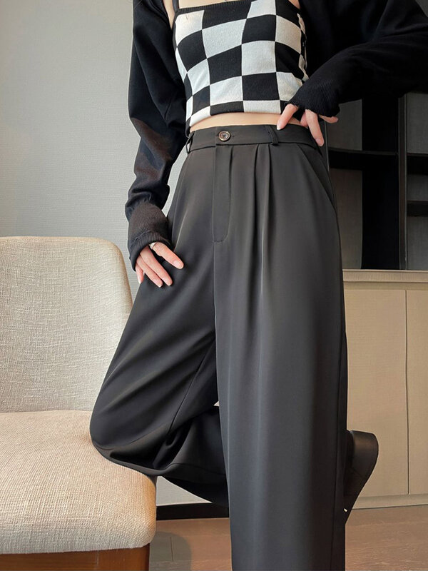 Jmprs-pantalones de traje de cintura alta para mujer, Pantalón recto informal, de Color sólido, a la moda, para oficina